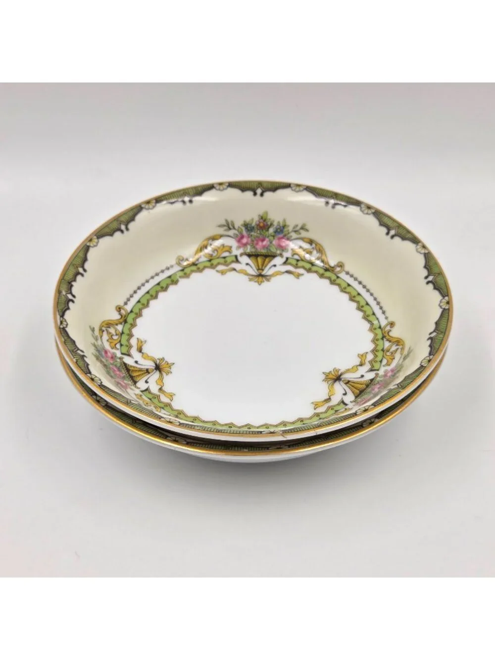 Noritake Penelope Set of 2 Fruit Dessert Sauce Bowl Green Pink Roses Gold Trim